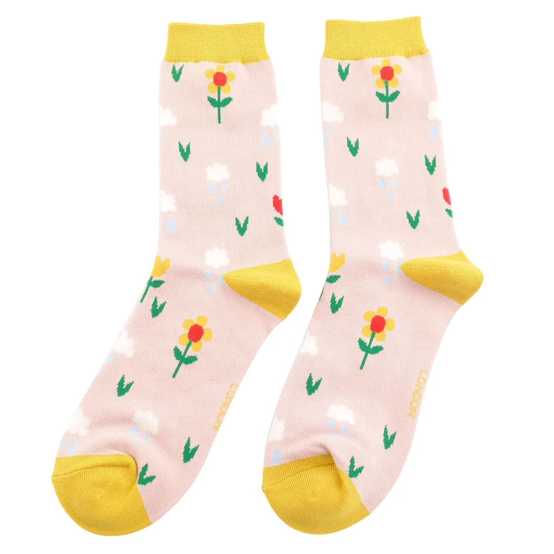Bamboo Socks | Rain Clouds & Flowers | Pastel Pink