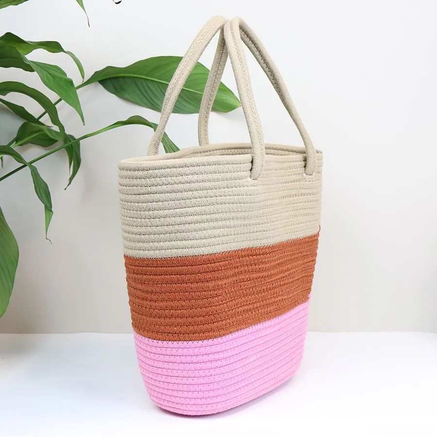 Colour Block Rope Beach Bag | Pink Mix