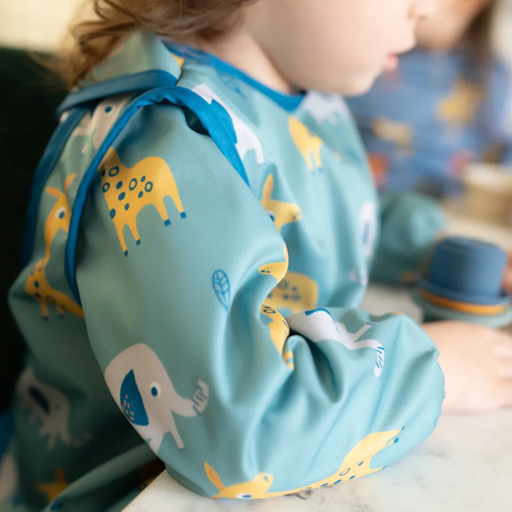 Giraffe & Elephant Coverall Feeding Bib | Blue