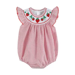 Lil Cactus Red Seersucker Strawberry Smocked Romper