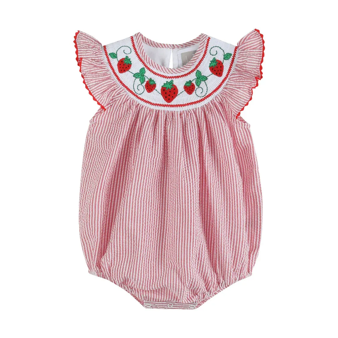 Lil Cactus Red Seersucker Strawberry Smocked Romper