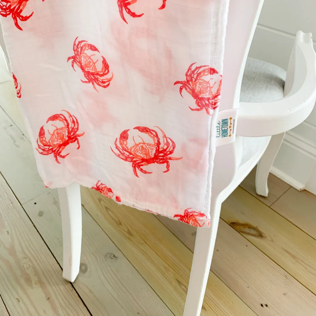 Little Hometown Baby Muslin Swaddle Receiving Blanket | Pink Crab