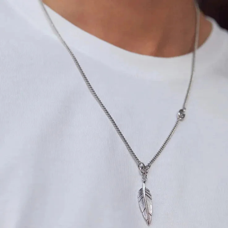Mens Feather Pendant Necklace | Rhodium Plated Steel