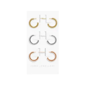 Mini Charms Three Tone Pav Hoop Earrings | Silver, Gold & Rose Gold Plated