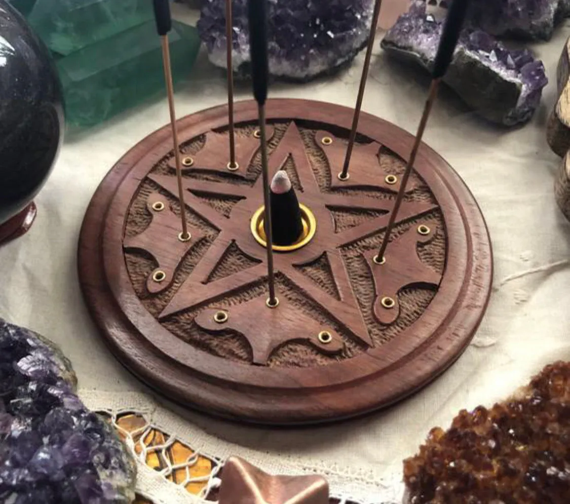 Round Wooden Incense Burner - Carved Pentagram - Cone & Stick Incense
