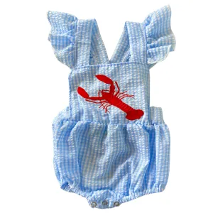 Southern Chicks Girls Seersucker Crawfish Embroidered Romper